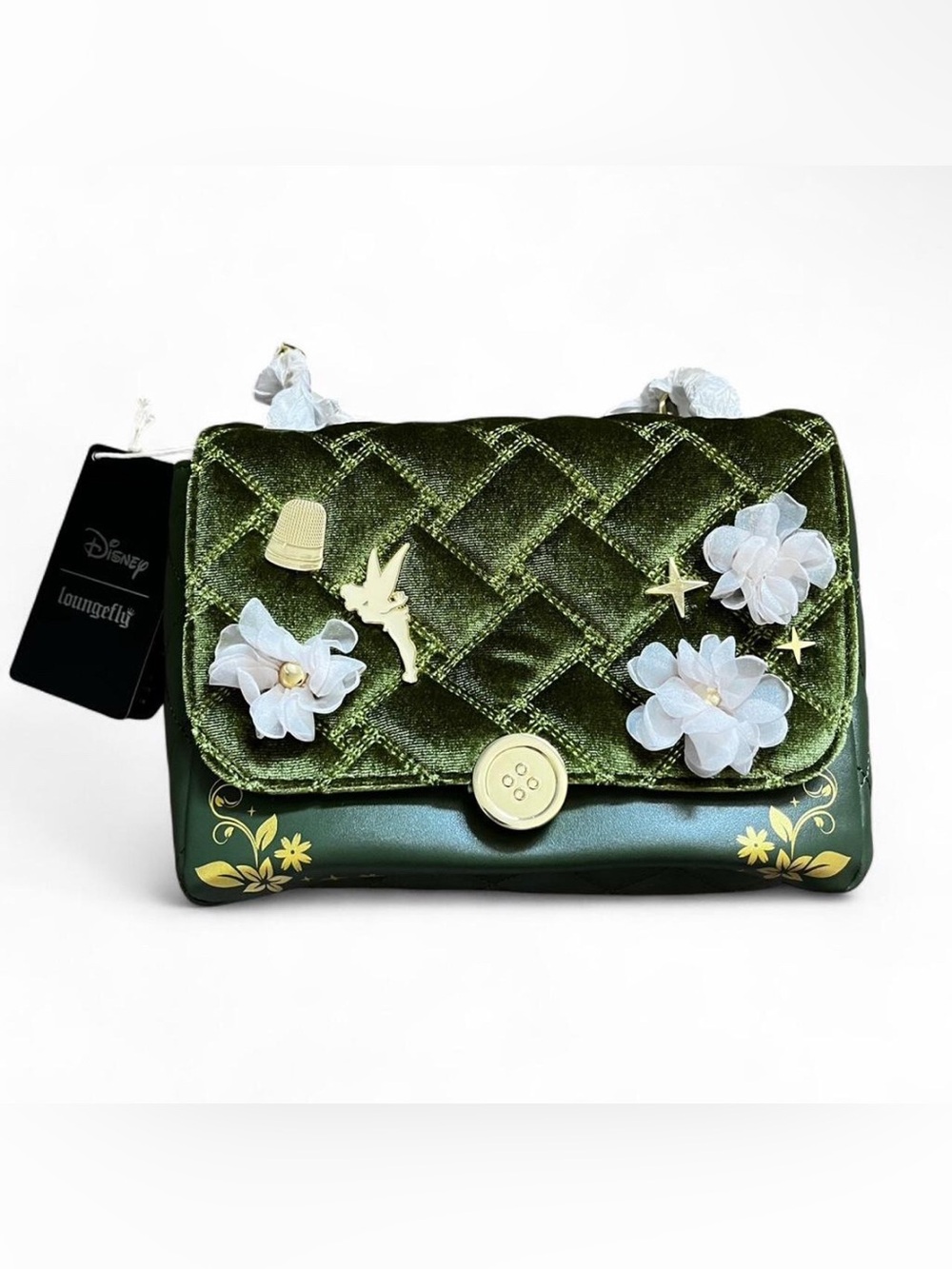 NWT Green Quilted Velvet Tinkerbell Floral Crossbody Bag - Loungefly